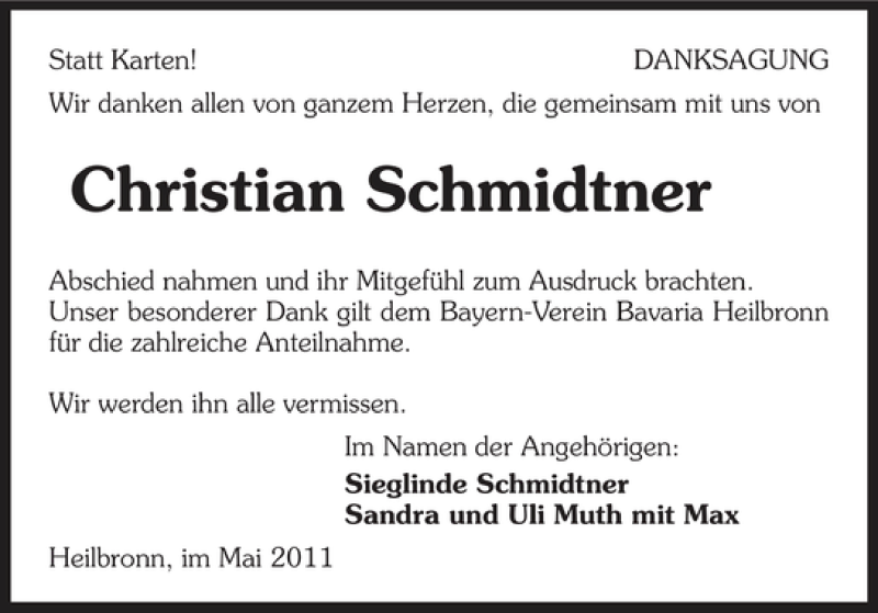  Traueranzeige für Christian Schmidtner vom 28.05.2011 aus 