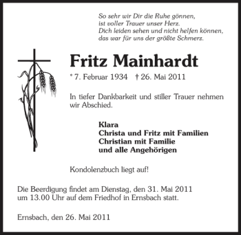 Traueranzeige von Fritz Mainhardt 