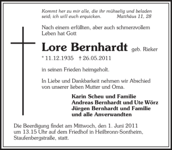 Traueranzeige von Lore Bernhardt 