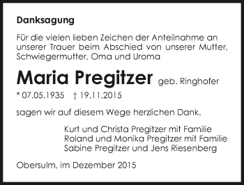 Traueranzeige von Maria Pregitzer 