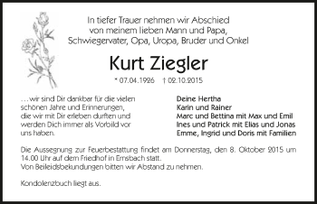 Traueranzeige von Kurt Ziegler 