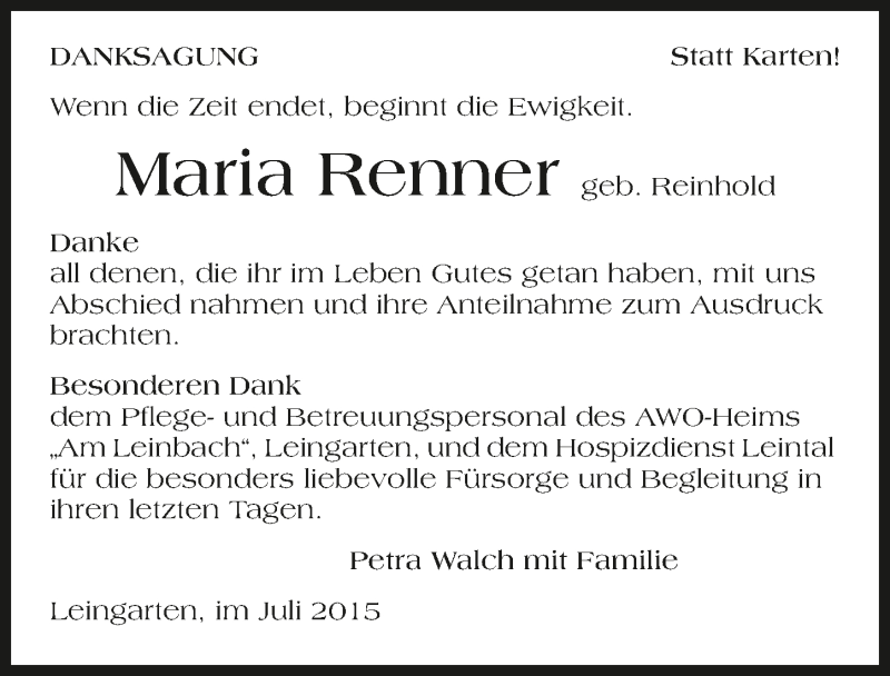  Traueranzeige für Maria Renner vom 01.08.2015 aus 