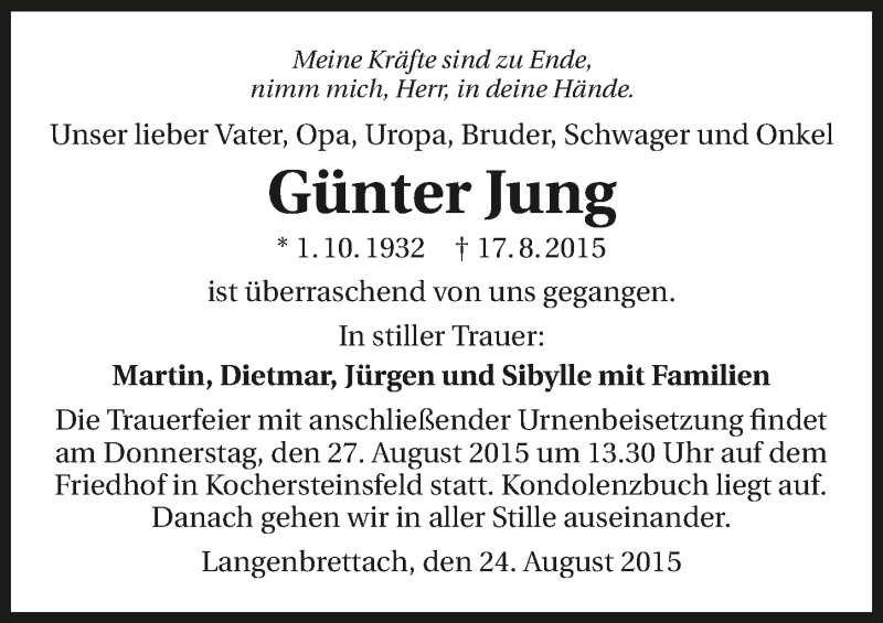  Traueranzeige für Günter Jung vom 25.08.2015 aus 