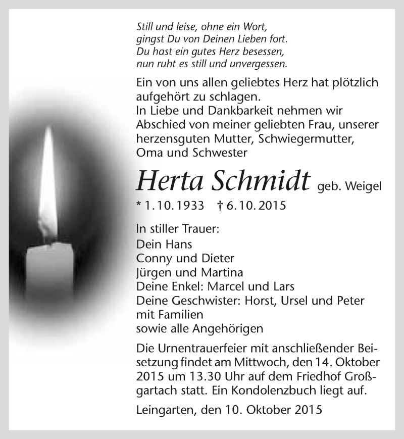  Traueranzeige für Herta Schmidt vom 10.10.2015 aus 