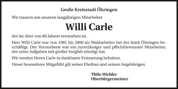 Traueranzeige von Willi Carle 