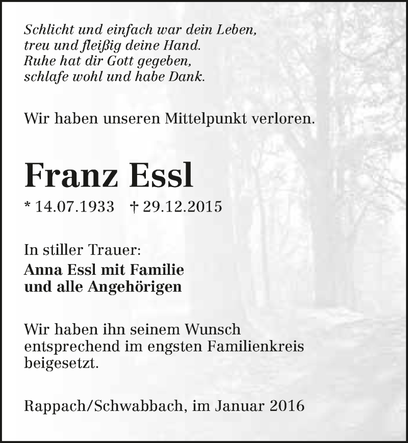  Traueranzeige für Franz Essl vom 09.01.2016 aus 