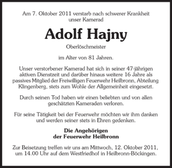 Traueranzeige von Adolf Hajny 