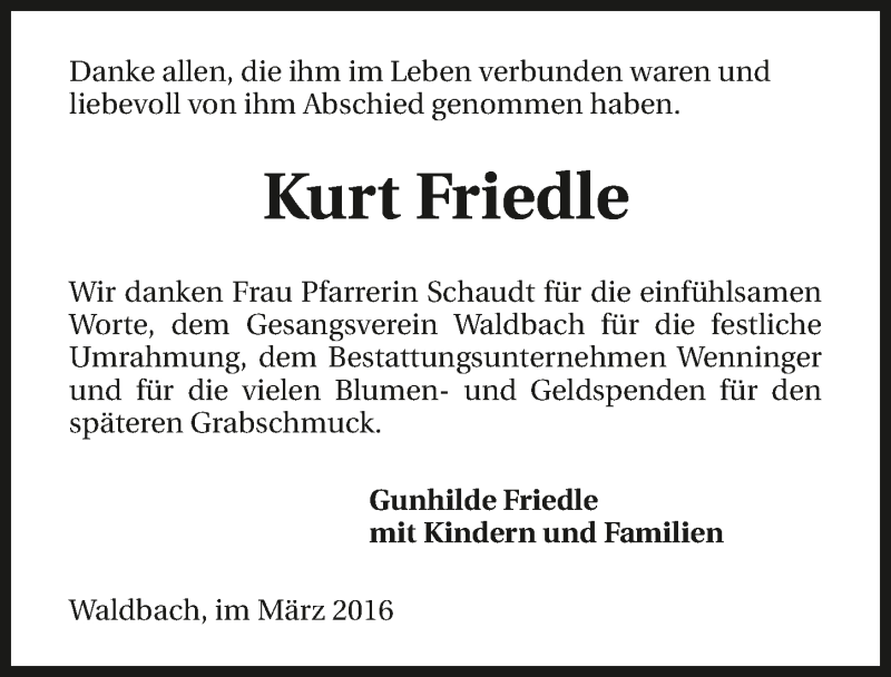  Traueranzeige für Kurt Friedle vom 05.03.2016 aus 