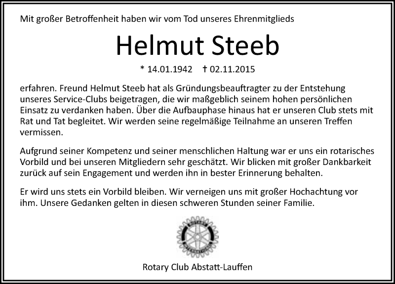 Traueranzeige für Helmut Steeb vom 04.11.2015 aus 