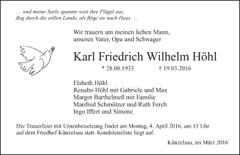 Traueranzeige von Karl Friedrich Wilhelm Höhl 