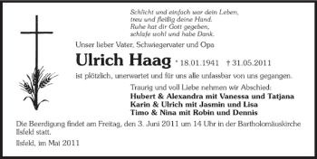 Traueranzeige von Ulrich Haag 