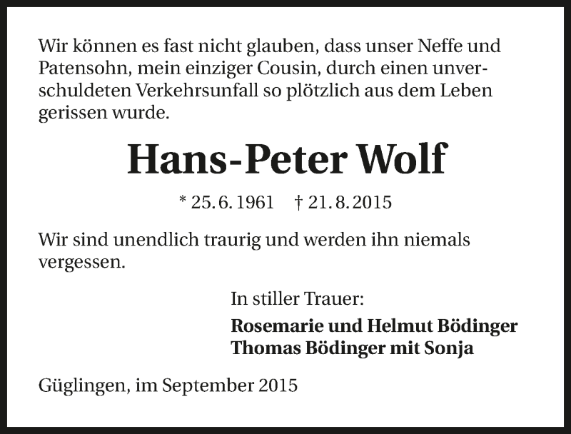  Traueranzeige für Hans-Peter Wolf vom 05.09.2015 aus 