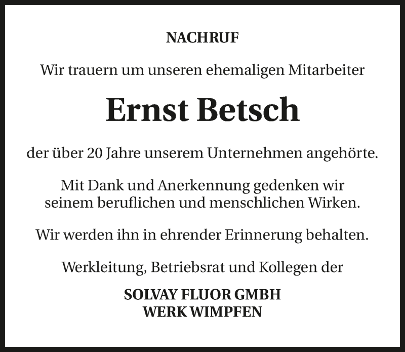  Traueranzeige für Ernst Betsch vom 29.09.2015 aus 