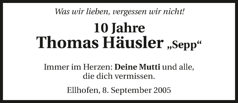  Traueranzeige für Thomas Häusler vom 08.09.2015 aus 