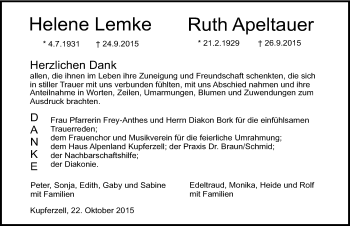 Traueranzeige von Ruth Apeltauer 