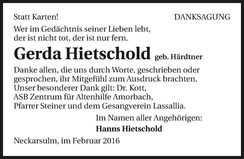  Traueranzeige für Gerda Hietschold vom 13.02.2016 aus 
