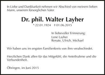 Traueranzeige von Walter Layher 