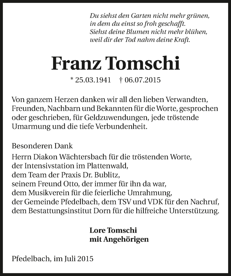  Traueranzeige für Franz Tomschi vom 25.07.2015 aus 