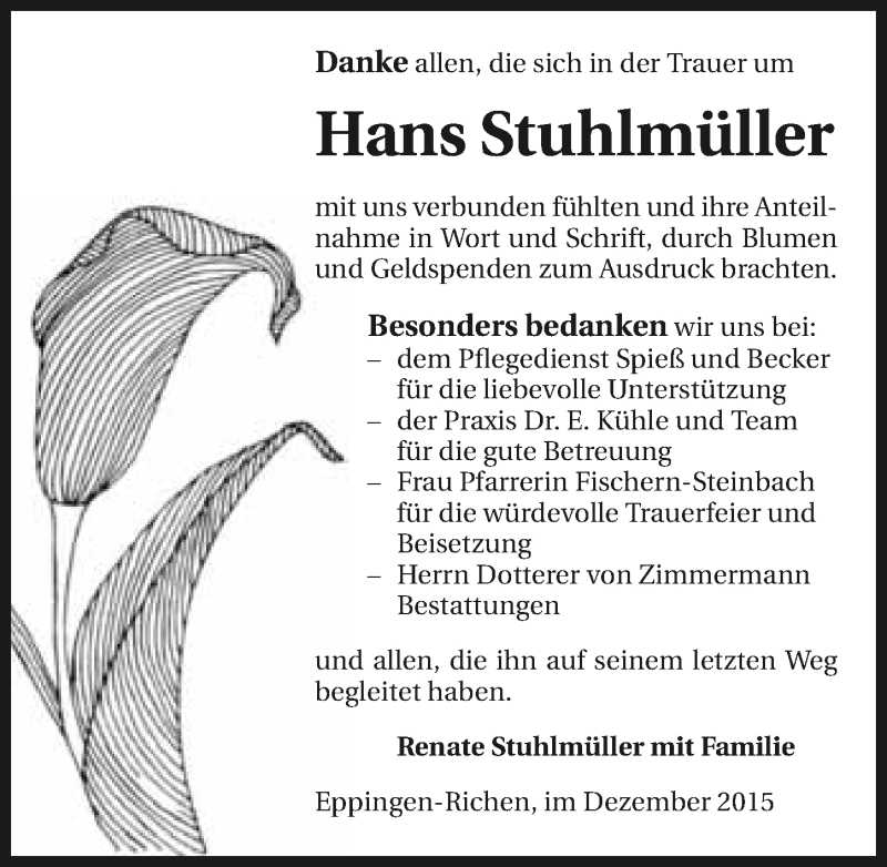  Traueranzeige für Hans Stuhlmüller vom 12.12.2015 aus 