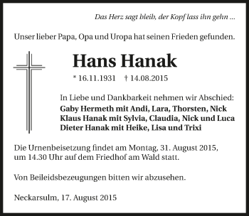 Traueranzeige von Hans Hanak 