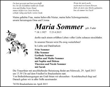 Traueranzeige von Maria Sommer 