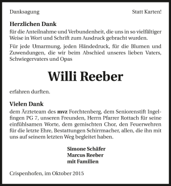 Traueranzeige von Willi Reeber 