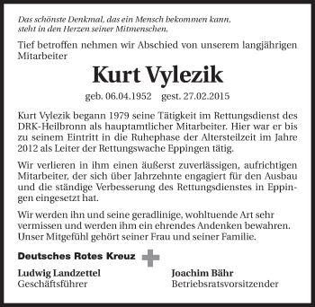 Traueranzeige von Kurt Vylezik 
