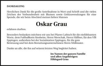 Traueranzeige von Oskar Grau 