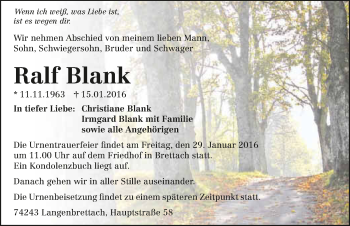 Traueranzeige von Ralf Blank 