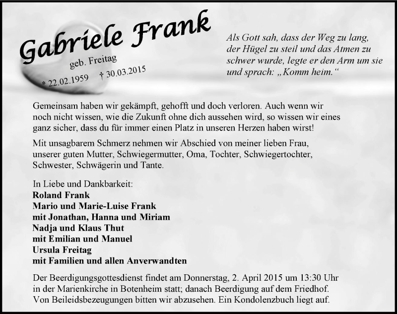  Traueranzeige für Gabriele Frank vom 31.03.2015 aus 