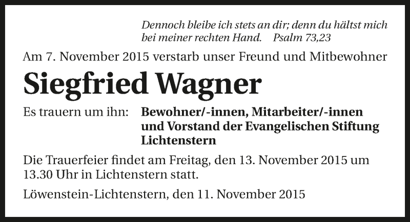  Traueranzeige für Siegfried Wagner vom 12.11.2015 aus 