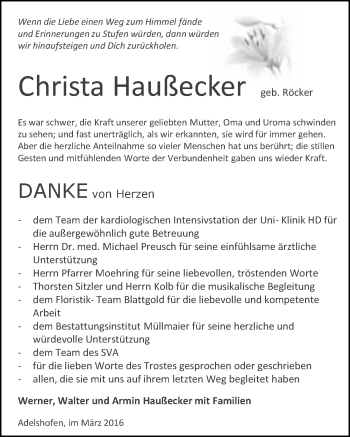 Traueranzeige von Christa Haußecker 
