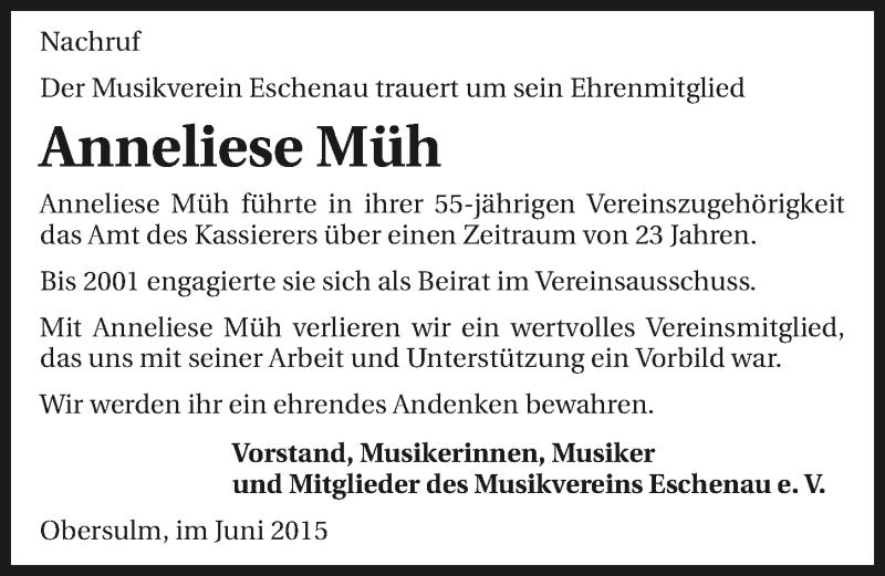  Traueranzeige für Anneliese Müh vom 29.06.2015 aus 
