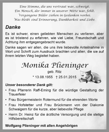 Traueranzeige von Monika Plieninger 