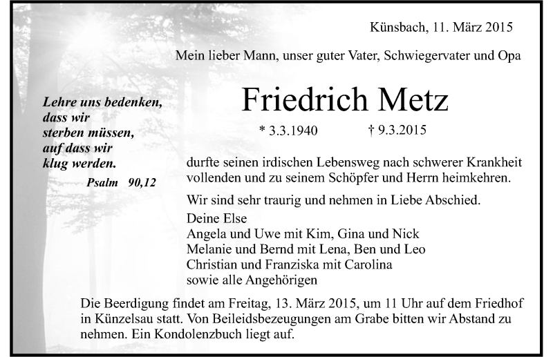  Traueranzeige für Friedrich Metz vom 11.03.2015 aus 