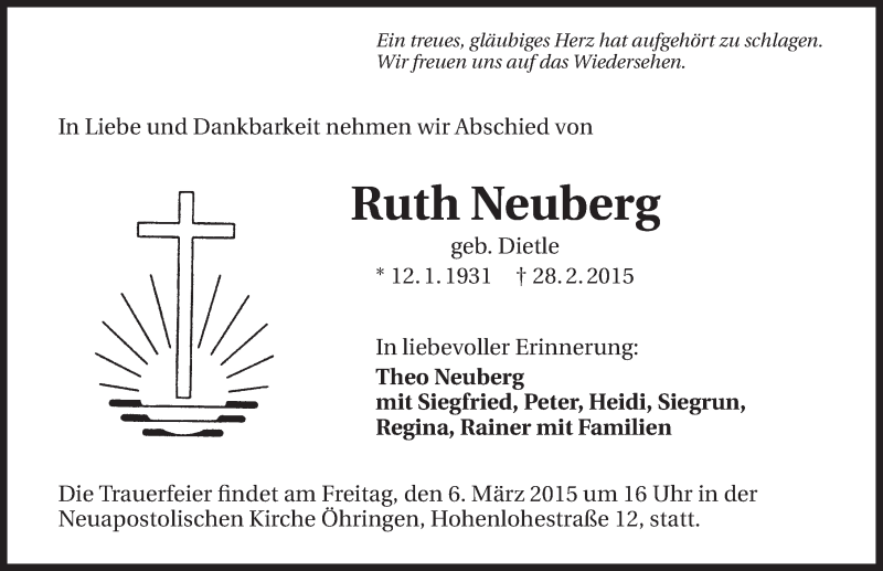  Traueranzeige für Ruth Neuberg vom 03.03.2015 aus 