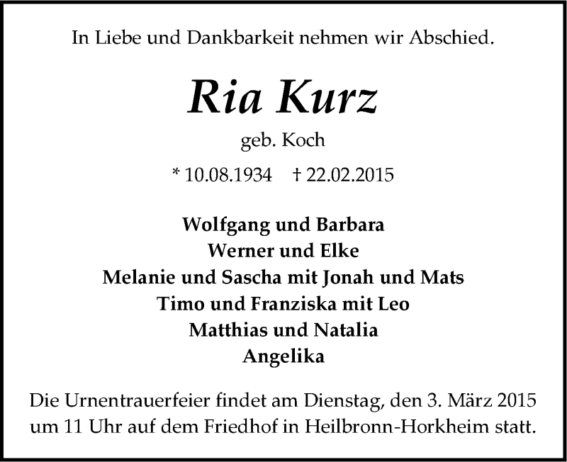  Traueranzeige für Ria Kurz vom 26.02.2015 aus 