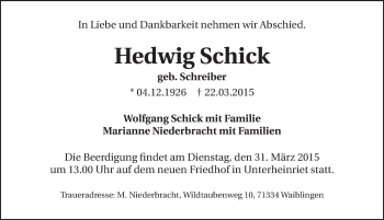Traueranzeige von Hedwig Schick 