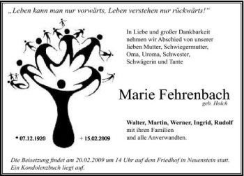 Traueranzeige von Marie Fehrenbach 