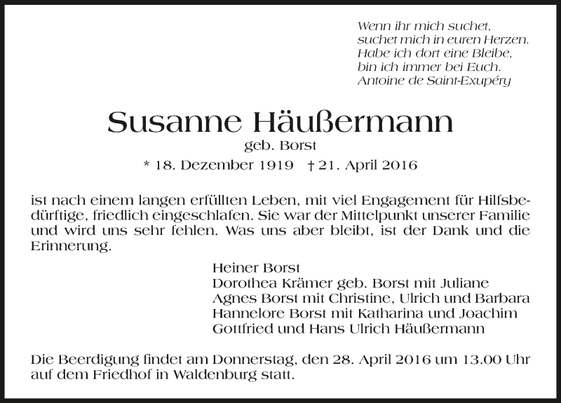  Traueranzeige für Susanne Häußermann vom 23.04.2016 aus 