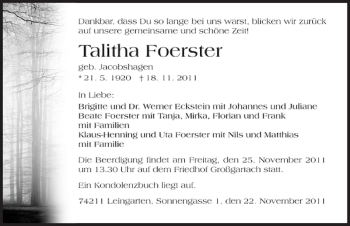 Traueranzeige von Talitha Foerster 