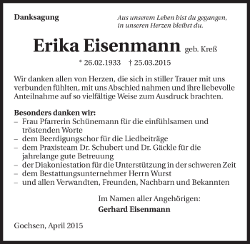 Traueranzeige von Erika Eisenmann 