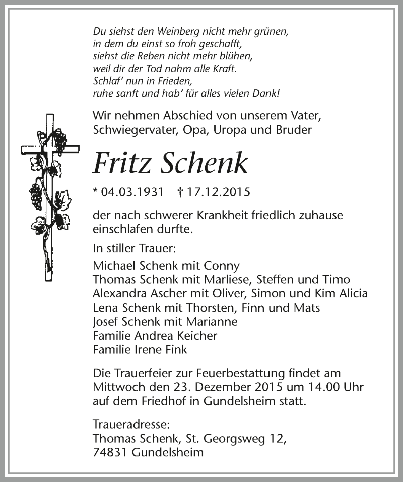  Traueranzeige für Fritz Schenk vom 19.12.2015 aus 
