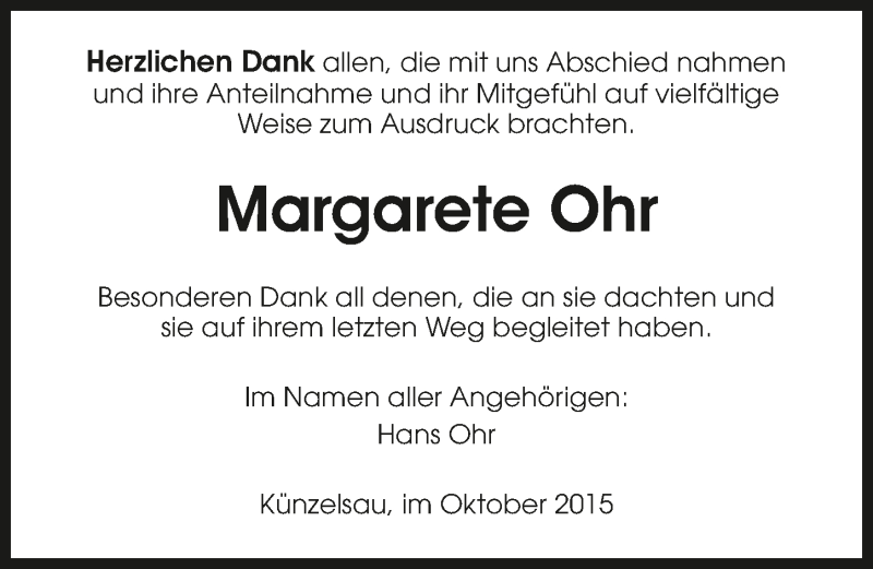  Traueranzeige für Margarete Ohr vom 17.10.2015 aus 
