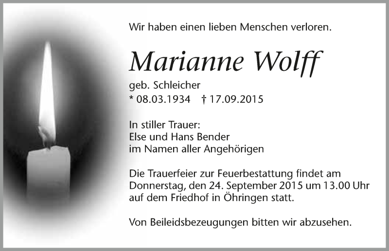  Traueranzeige für Marianne Wolff vom 21.09.2015 aus 