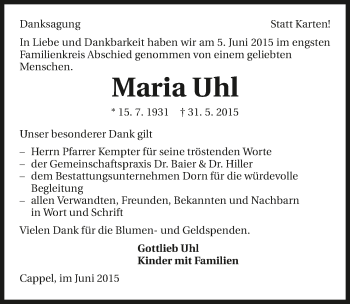 Traueranzeige von Maria Uhl 