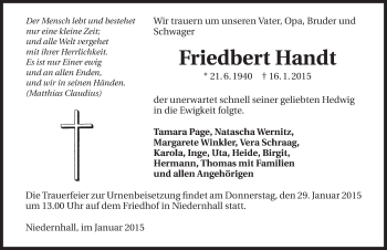 Traueranzeige von Friedbert Handt 