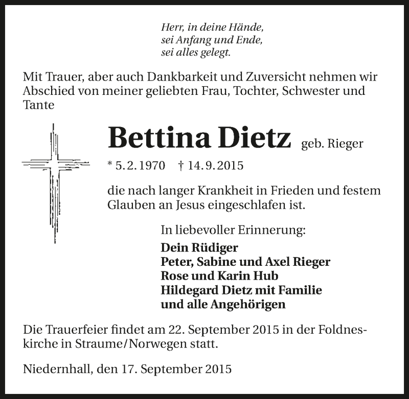  Traueranzeige für Bettina Dietz vom 17.09.2015 aus 