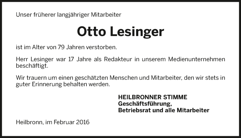  Traueranzeige für Otto Lesinger vom 13.02.2016 aus 