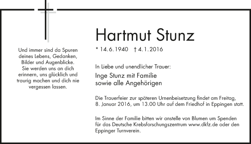  Traueranzeige für Hartmut Stunz vom 07.01.2016 aus 